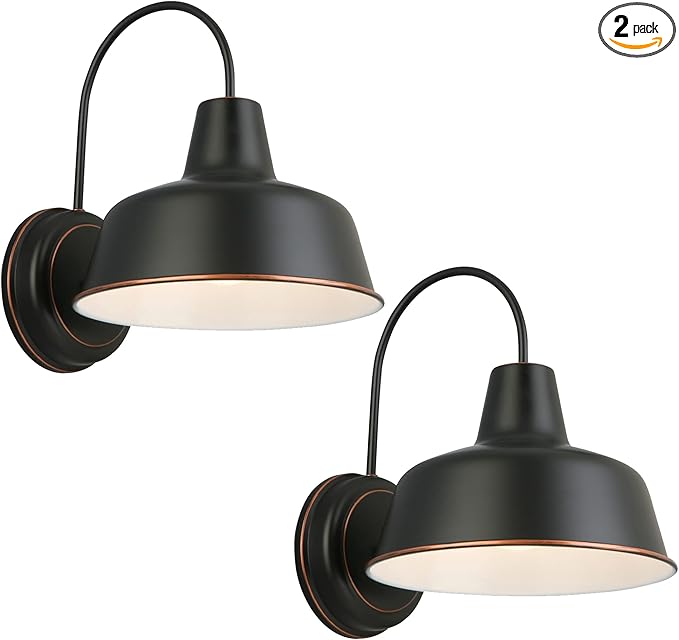 Design House Mason Farmhouse Gooseneck Barn Light, Outdoor Exterior Porch or Patio Wall Light Fixture, Oil Rubbed Bronze, 8 Inch Diameter, 2-Pack, 589218-ORB