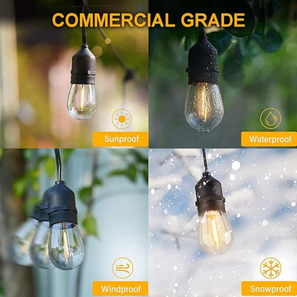 48FT Outdoor Waterproof String Lights with 16 Shatterproof Bulbs, IP65 Patio Lights for Garden Wedding Cafe - Tangle-Free Cables with Hooks (Warm White)