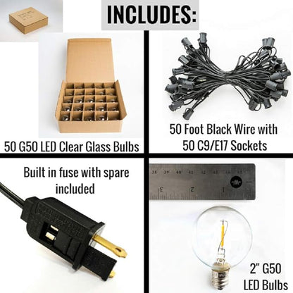 Hometown Evolution, Inc. G50 2" LED Filament Outdoor Patio String Lights with 0.6 Watt Light Bulbs (G50 LED - Black Wire, 50 ft)