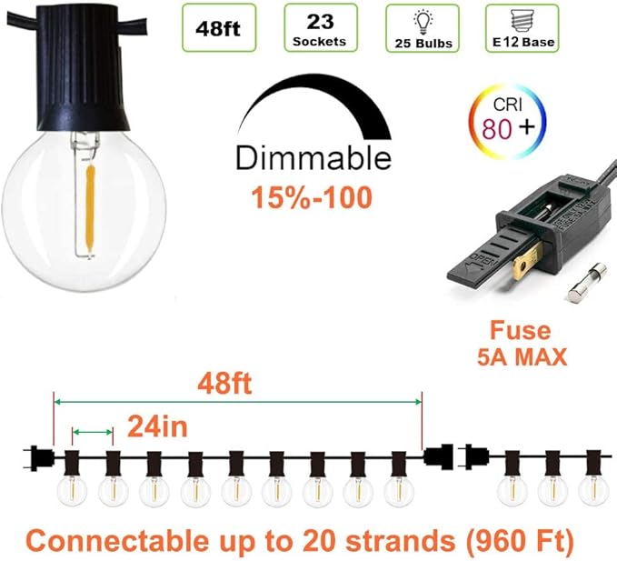 Outdoor String Lights 48ft with 23+2 Spare Bulbs, Shatterproof Dimmable Waterproof, LED 1W 60LM 2200K Warm Glow for | Lumora