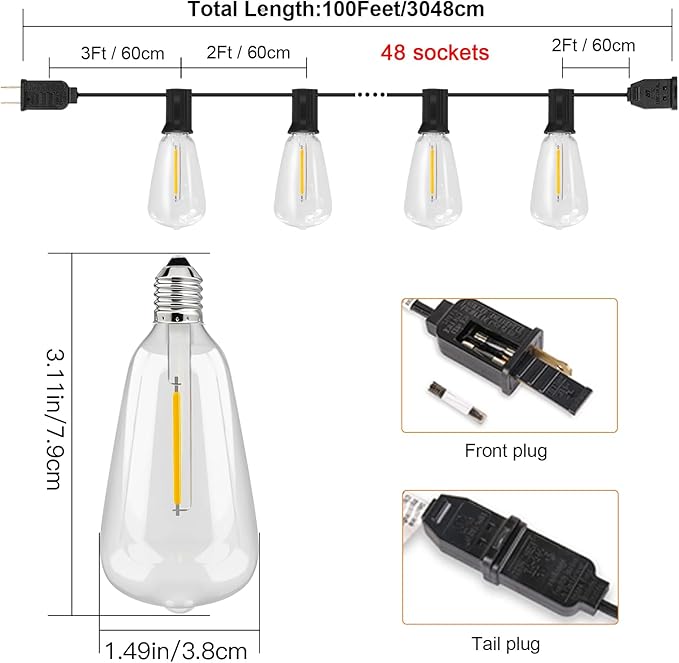 Outdoor String Lights with ST38 Clear Globe Bulbs, Black Cord, Waterproof LED Edison Filament Decorative Lighting for Patio, Garden, Backyard (ST38 Bulbs, 100FT)