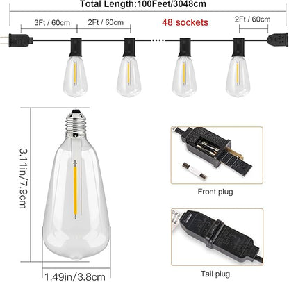 Outdoor String Lights with ST38 Clear Globe Bulbs, Black Cord, Waterproof LED Edison Filament Decorative Lighting for Patio, Garden, Backyard (ST38 Bulbs, 100FT)