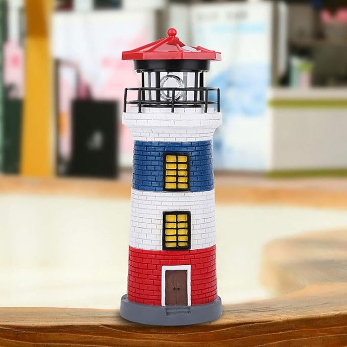 LED Solar Power Lighthouse Statue Outdoor Decor Rotating Outdoor Light Garden Yard Lawn Craft Ornament, Lighthouse Lamp Solar Lighthouses for Outside(Red+Blue+White)