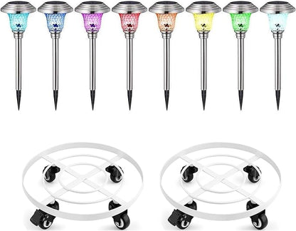 BEAU JARDIN 8 Pack Solar Pathway Lights Waterproof and AMAGABELI Garden & Home 2 Pack 14" Plant Caddy with Wheels Heavy Duty