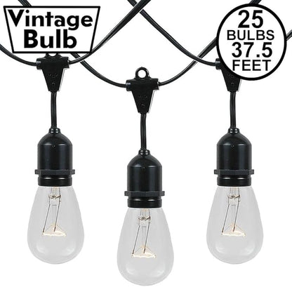 Novelty Lights 37.5 Feet, 25 Suspended E26 Sockets, S14 String Light Set with Clear Incandescent Bulbs, Heavy Duty Black Wire Patio Lights, Weather Resistant, End-to-End Connectable
