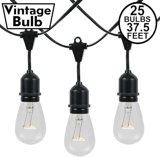 Novelty Lights 37.5 Feet, 25 Suspended E26 Sockets, S14 String Light Set with Clear Incandescent Bulbs, Heavy Duty Black Wire Patio Lights, Weather Resistant, End-to-End Connectable