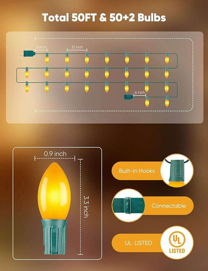 Vintage C9 LED Christmas Lights Outdoor, 50FT Christmas String Lights with 50 Bulbs, Connectable Waterproof Lights for Christmas Tree Roofline Garden Patio Backyard Decoration, Warm White
