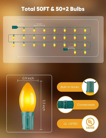Vintage C9 LED Christmas Lights Outdoor, 50FT Christmas String Lights with 50 Bulbs, Connectable Waterproof Lights for Christmas Tree Roofline Garden Patio Backyard Decoration, Warm White