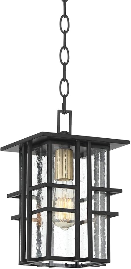 Possini Euro Design Arley Modern Outdoor Hanging Ceiling Light Fixture Black Geometric Frame 12 1/2" Seedy Glass | Lumora