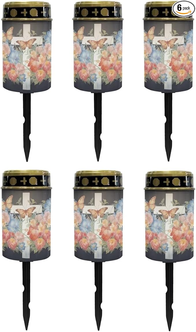 Poceacles Cross Solar Lights Outdoor for Cemetery Grave Decorations, Fake LED Pillar Candles Solar Powered Waterproof Outdoor Stake Lights Grave Markers, Butterfly White Cross Flower, Pack of 6