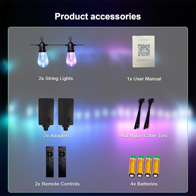 96FT Outdoor String Lights, DIY Infinite Colors, Music Sync Dimmable, WiFi Alexa/Google Assistant Compatible | Lumora