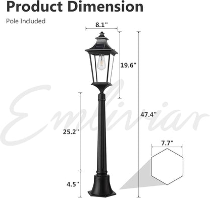 Emliviar Outdoor Solar Lamp Post Light, Dusk to Dawn Pole Lights with Clear Glass, Waterproof Solar Garden Light with Remote Control, LED Bulb Included, 500181PL-SL BK