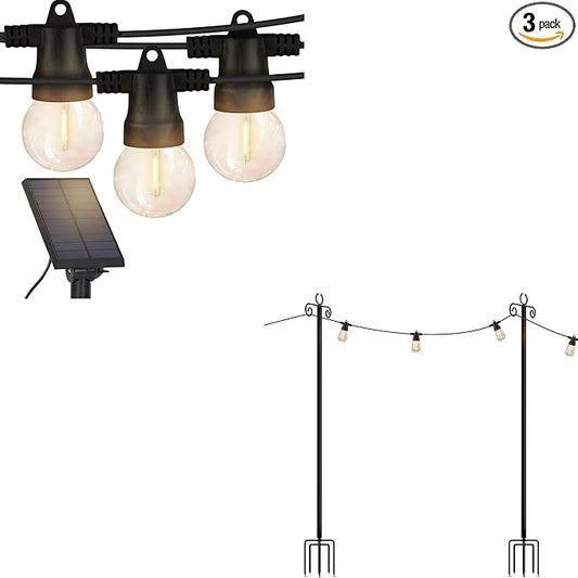 Brightech Bundle Ambience Pro 27 Ft Solar Powered Outdoor String Lights + 2-Pack 10FT String Light Poles
