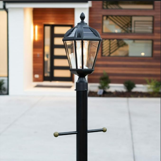 Gama Sonic Outdoor Solar Post Light, Black Aluminum, Royal Bulb, Rain Water Glass, Single Lamp with 3-inch Fitter | Lumora