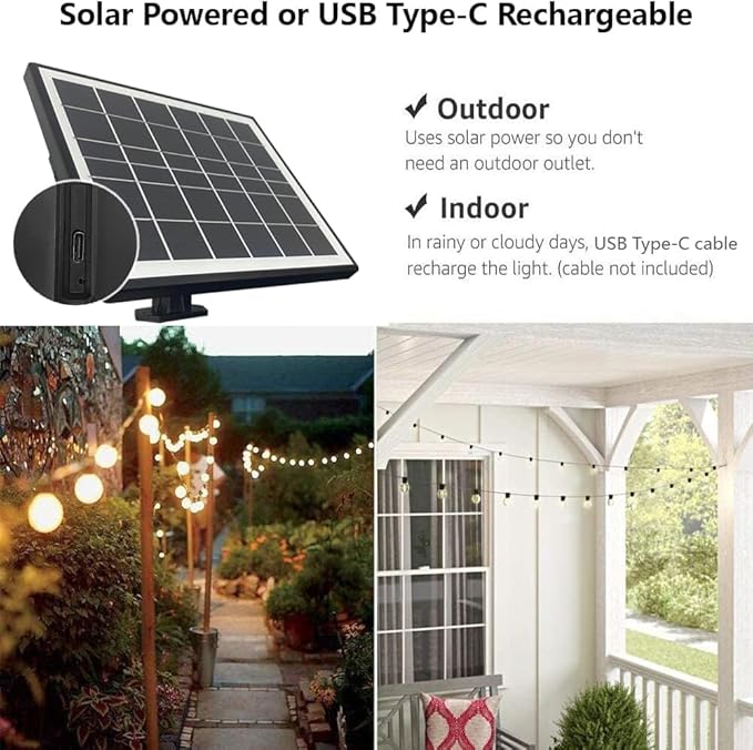 SUNTHIN 100ft Solar String Lights, USB Rechargeable Solar Outdoor Lights with 48 Waterproof & Shatterproof G40 LED Bulbs for Patio, Porch, Garden, Deck, Bistro, Cafe, Camping