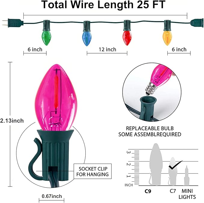 SUNSGNE 25 Feet Multicolor Christmas Lights, C7 LED Outdoor Vintage Christmas Lights with 27 LED Clear Colored | Lumora
