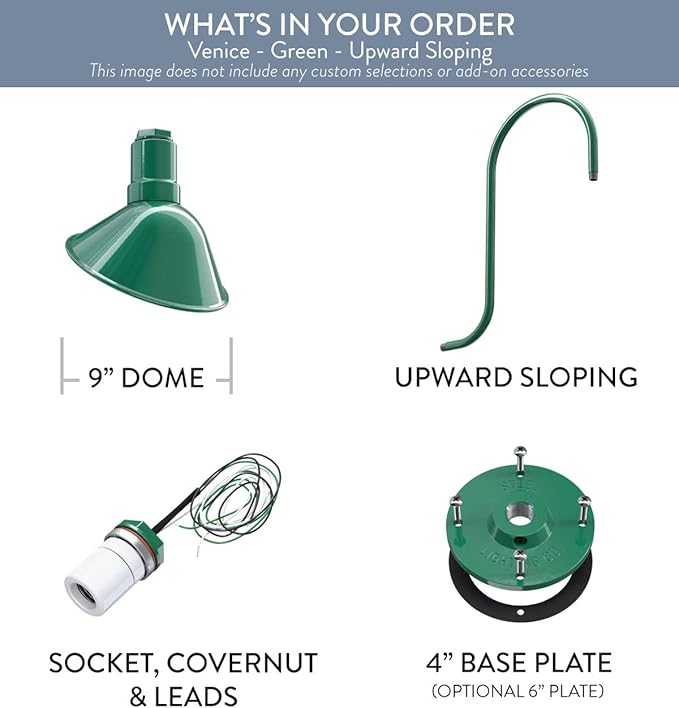 Steel Lighting Co. Venice Store Sign Light | for Outdoor Restaurant Accent Wall | 9 inch Dome | Upslope Gooseneck | Made in America | Green Exterior/White Interior