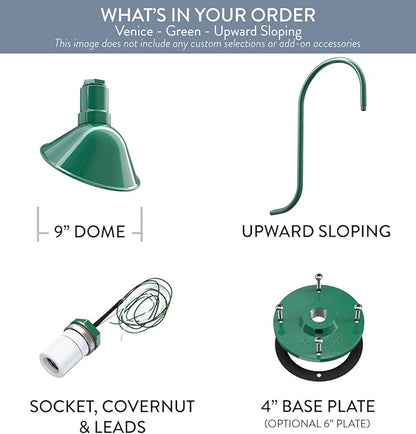 Steel Lighting Co. Venice Store Sign Light | for Outdoor Restaurant Accent Wall | 9 inch Dome | Upslope Gooseneck | Made in America | Green Exterior/White Interior