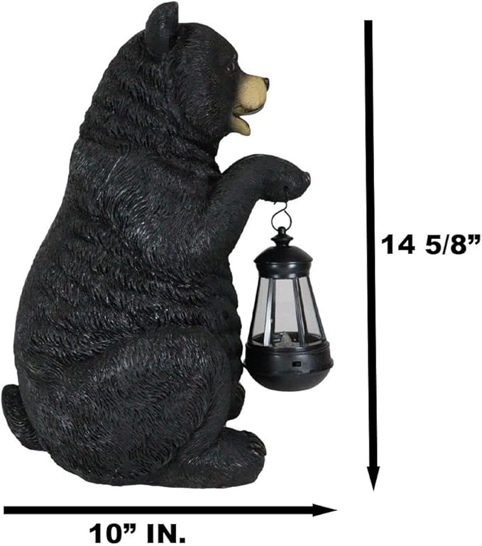 Ebros Gift Rustic Garden Decorative Adorable Forest Black Bear Holding Lantern Greeter Statue Figurine Solar LED Lantern Path Light for Indoor Outdoor Home Bears Wild Animals Sculpture