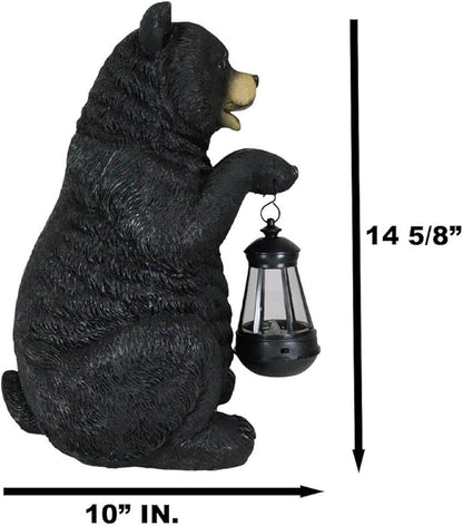 Ebros Gift Rustic Garden Decorative Adorable Forest Black Bear Holding Lantern Greeter Statue Figurine Solar LED Lantern Path Light for Indoor Outdoor Home Bears Wild Animals Sculpture