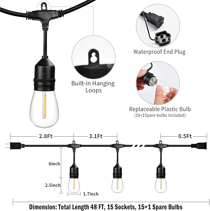 48FT Outdoor String Lights LED Heavy-Duty Waterproof Patio Lights with 16 Shatterproof Plastic 2200K Warm White | Lumora
