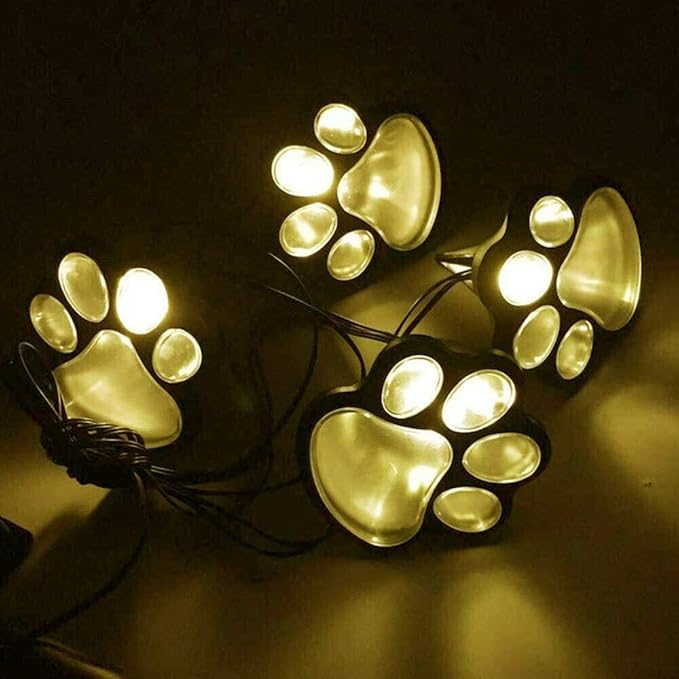 4 Solar Dog Animal Paw Print Lights Garden Statue Lantern Led Path 3" Light Lamp for Outdoor Garden Path Landscape Walkway Yard (Warm White)