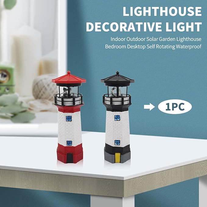 Solar Lighthouse Outdoor Solar Rotating LED Lighthouse Light Waterproof Lighthouse Statue Decorative LED Rotating Lamp for Garden Landscape Outside Yard(Red)