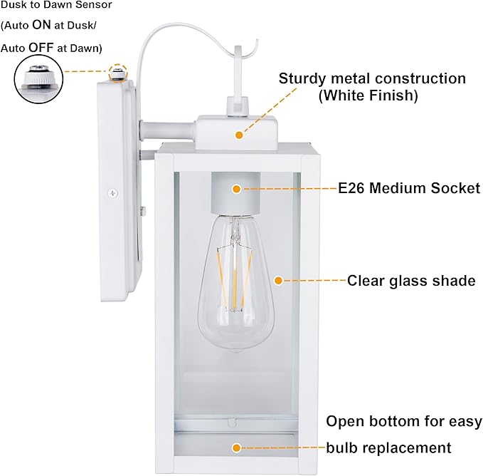 GRUENLICH Dusk to Dawn Outdoor Wall Lantern, Wall Sconce for Porch Lighting Fixture, E26 Base Max 60W, Metal Housing Plus Glass, White Finish, Bulb Not Included, 1-Pack