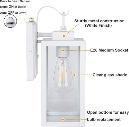 GRUENLICH Dusk to Dawn Outdoor Wall Lantern, Wall Sconce for Porch Lighting Fixture, E26 Base Max 60W, Metal Housing Plus Glass, White Finish, Bulb Not Included, 1-Pack