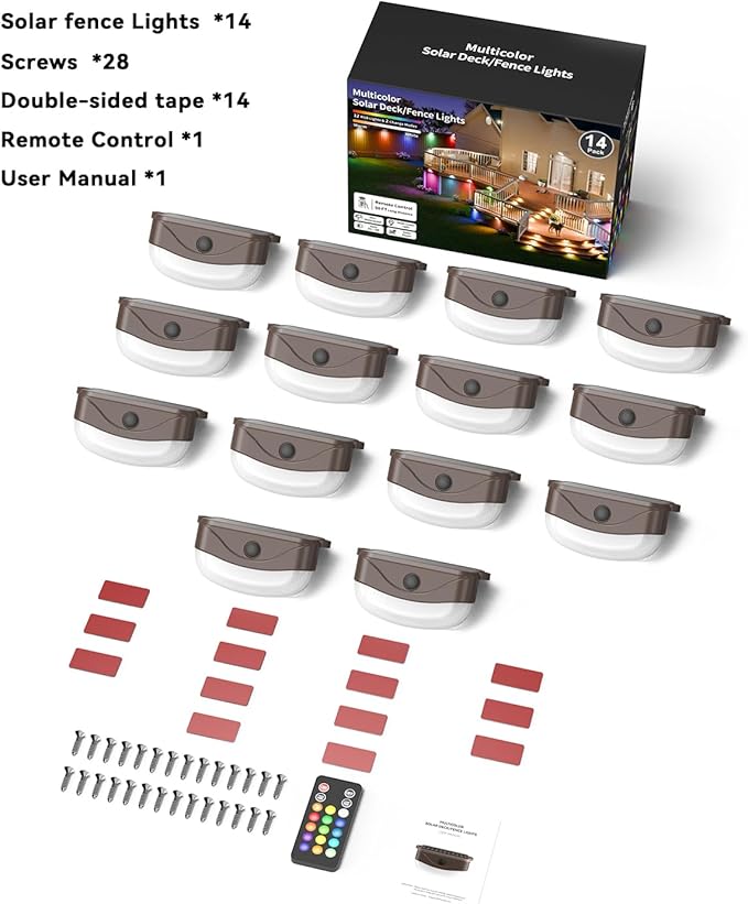 Solar Fence Lights with Remote Control 50ft,15 Multi Colors Solar Powered Outdoor Step Lighting,IP67 Waterproof Led RGBYW Colors Lamp for Outside Fence/Deck/Backyard/Stair Railing/Wall/Patio/Pool