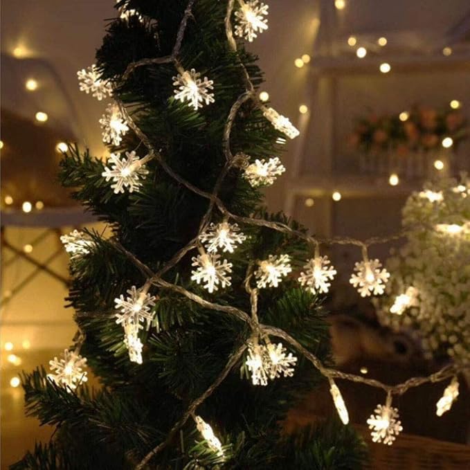 WesGen Christmas Lights，Snowflake String Lights Battery Operated Waterproof 20ft, 40 LED Fairy Lights for Xmas Garden Patio Bedroom Party Decor Christmas Decorations,Warm White