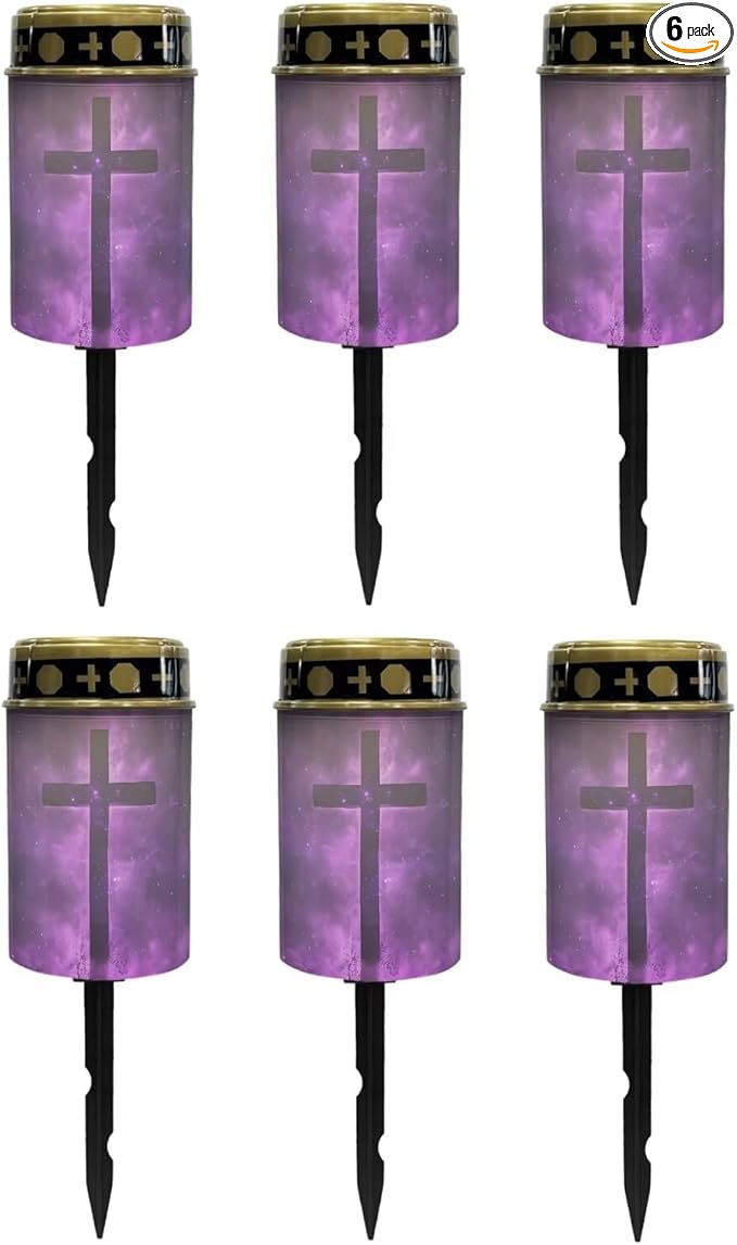 Poceacles Cross Solar Lights Pack of 6 Waterproof Solar Garden Lights Cemetery Solar Outdoor Lights Outdoor Stake Automatic Solar Lantern for Cemetery Grave Decoration, Cross Galaxy Violet