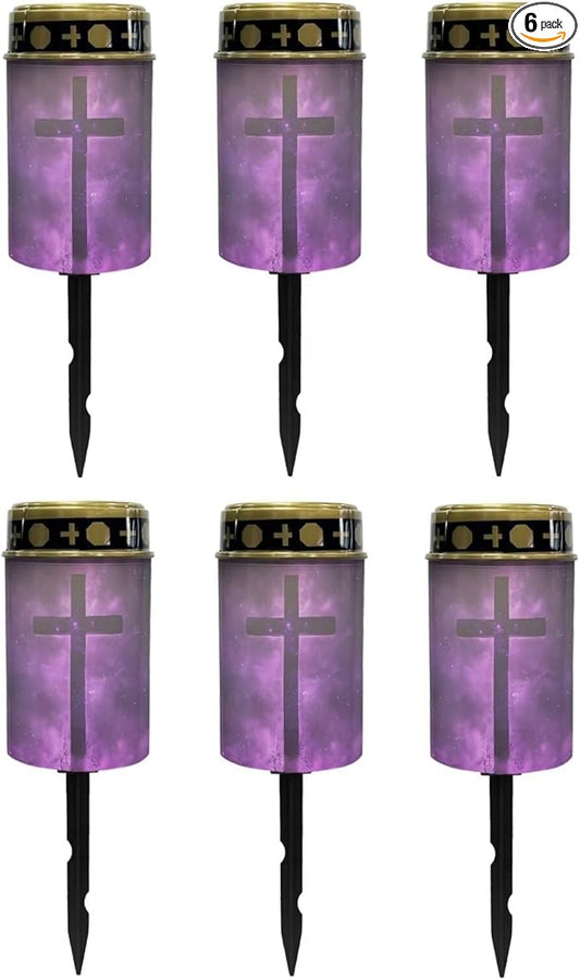Poceacles Cross Solar Lights Pack of 6 Waterproof Solar Garden Lights Cemetery Solar Outdoor Lights Outdoor Stake Automatic Solar Lantern for Cemetery Grave Decoration, Cross Galaxy Violet