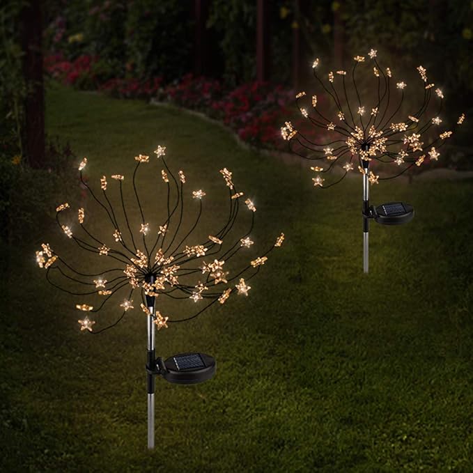 [2 Pack] Solar Star Firework Tree Light, LED Outdoor Star Firework Stakes Solar Garden Decorative Lights for Walkway Pathway Backyard Christmas Decoration Parties (Warm White)