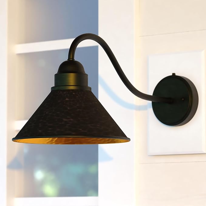 VAXCEL Outland 9.5 in. H 1-Light Aged Iron and Light Gold Dusk to Dawn Sensor Farmhouse Outdoor Wall Sconce, Gooseneck Metal Shade, Dark Sky Compliant for Exterior Porch Patio Front Door or Garage