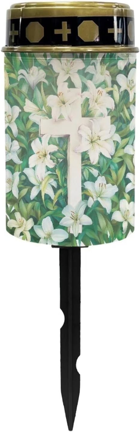 Cross Lily Print Cemetery Solar Lights Solar Garden Stake Lights Outdoor Stake Metal Lights Waterproof for Garden Lawn Patio or Courtyard