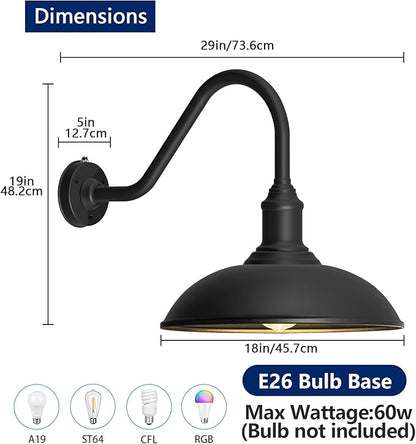 Large 18in Dusk to Dawn Outdoor Barn Lights, Classic Gooseneck Light Up The Night, Suitable for Porch, Farmhouse, Garage Lighting