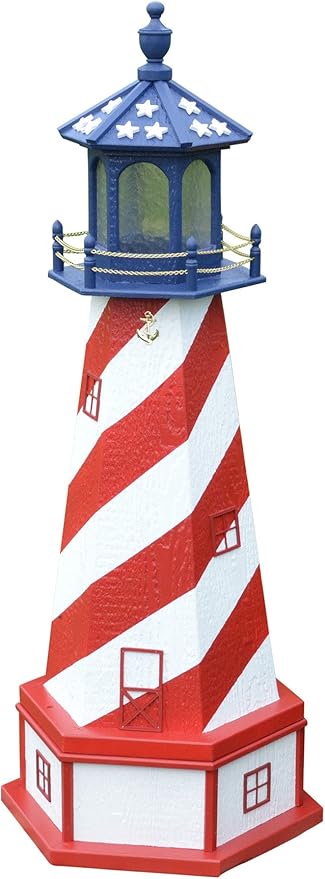 Amish-Made Patriotic Style Outdoor Lighthouse with Base and Solar LED Light, 56" Tall