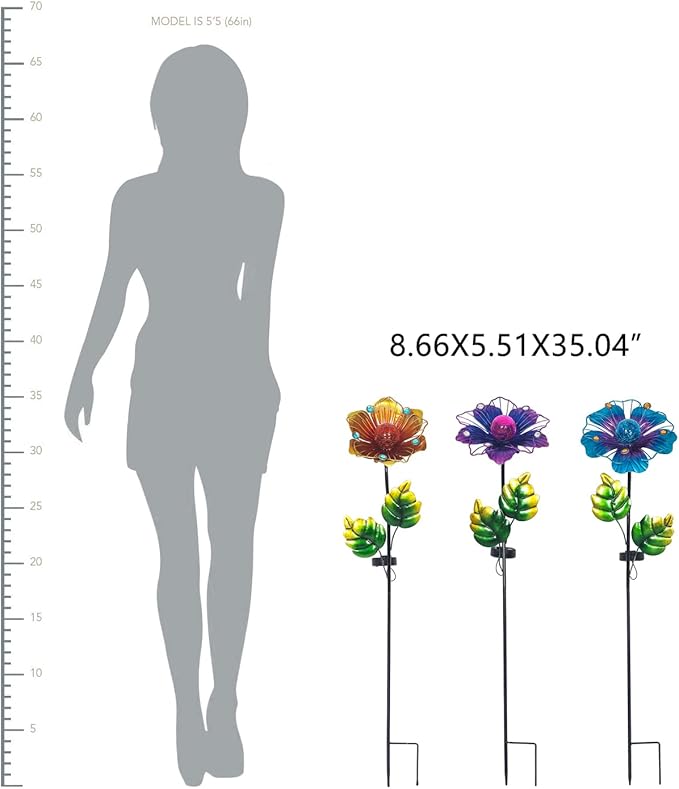 Adeco Flower Solar Lights Outdoor Garden Decor 35 inch Metal Garden Stake Lights with Crackle Globe Glass and Large Solar Panel Waterproof for Ground Patio Lawn Courtyard Flowerbed