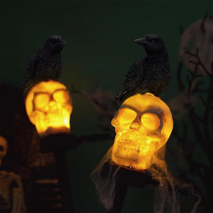 Retisee 2 Pcs Halloween Garden Decor Solar Skull Lights with Black Crow on Skull Waterproof Solar Skeleton Lights Outdoor LED Light up Skeletons Halloween Outdoor Decor for Garden Pathway Lawn Yard