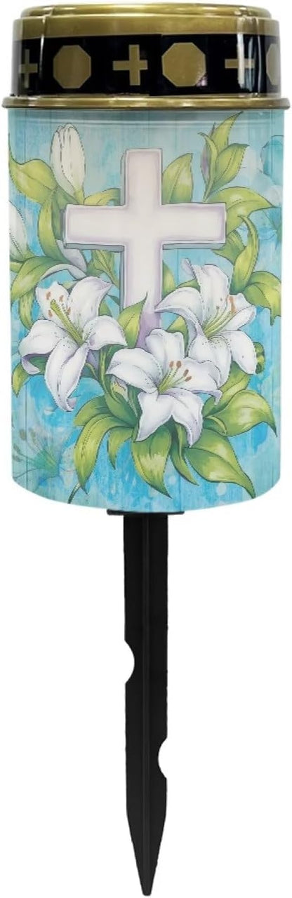 Lily Flower Cross Solar Powered Garden Stake Lights Multipurpose Solar Lights for Easter Cemetery Decorations for Grave Outdoor Lights Gravesite Decor Yard Art for Remembrance Gifts