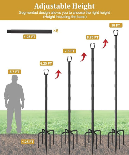 10FT String Light Poles for Outdoor Decor, Sturdy Light Pole with Fork, Adjustable Metal Posts for Outside Patio, Backyard, Deck, Garden, Party, Wedding