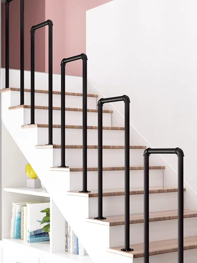 Hand Rails for Indoor Outdoor Steps 1 2 3 4 5 6 8 10 Steps, Black Industrial Pipe Staircase Handrails In Ground for | Lumora