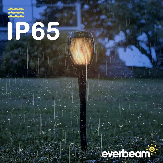 Everbeam P2 Solar Flickering Flame Torch Light - Automatic IP65 Waterproof Solar Tiki Lights with A Stunning Realistic Flame & Distinctive Lampshade - Quick No Tool Installation - 2 Pack