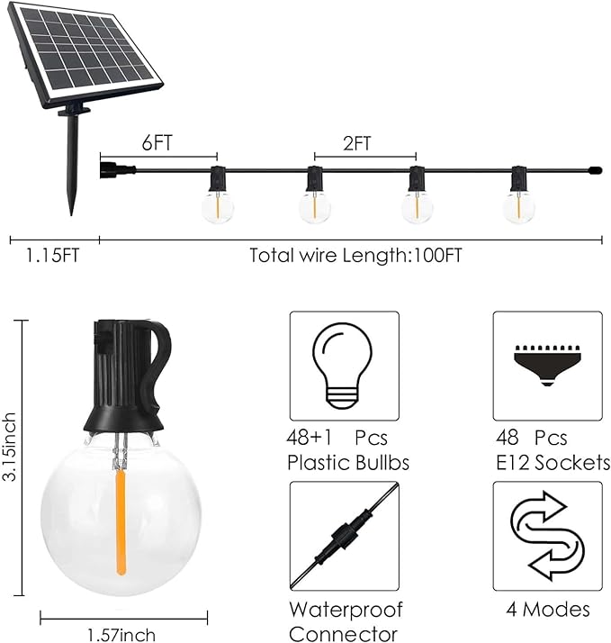 SUNTHIN 100ft Solar String Lights, USB Rechargeable Solar Outdoor Lights with 48 Waterproof & Shatterproof G40 LED Bulbs for Patio, Porch, Garden, Deck, Bistro, Cafe, Camping