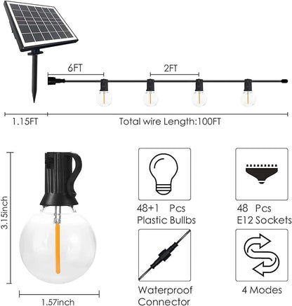 SUNTHIN 100ft Solar String Lights, USB Rechargeable Solar Outdoor Lights with 48 Waterproof & Shatterproof G40 LED Bulbs for Patio, Porch, Garden, Deck, Bistro, Cafe, Camping