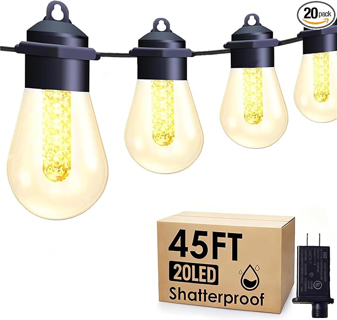Honche 45FT Outdoor String Lights, Weatherproof LED Patio With 20 Shatterproof Warm White Vintage Edison Bulbs, 8 Modes Hanging for Garden Backyard Porch Balcony Party Decor