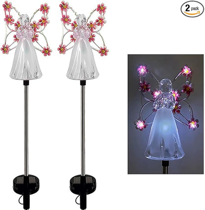 Hyuduo Angel Solar Lights 2 Pack – Stainless Steel Outdoor Garden Lights, 7 LED Cool White Solar Pathway Lights for Yard, Lawn, Walkway, Driveway – IP44 Waterproof