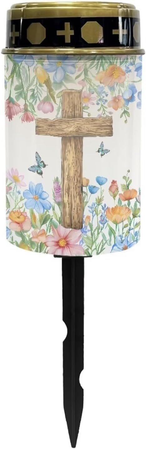 Poceacles Cross Solar Lights Solar Cemetery Lights Solar Grave Lights Outdoor Waterproof Decoration Pathway Lights Garden Solar Candle for Memorial Day Decor, Flower Butterfly Cross