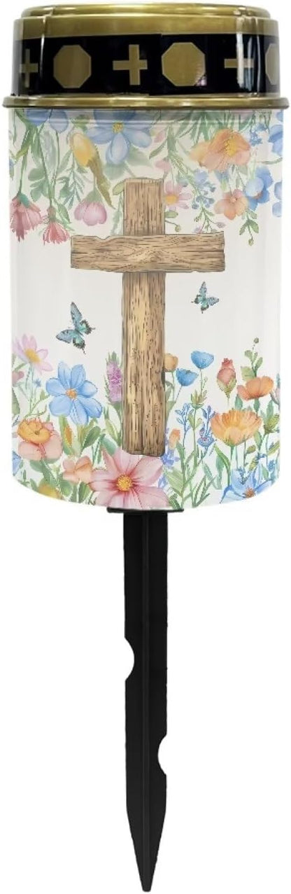 Poceacles Cross Solar Lights Solar Cemetery Lights Solar Grave Lights Outdoor Waterproof Decoration Pathway Lights Garden Solar Candle for Memorial Day Decor, Flower Butterfly Cross